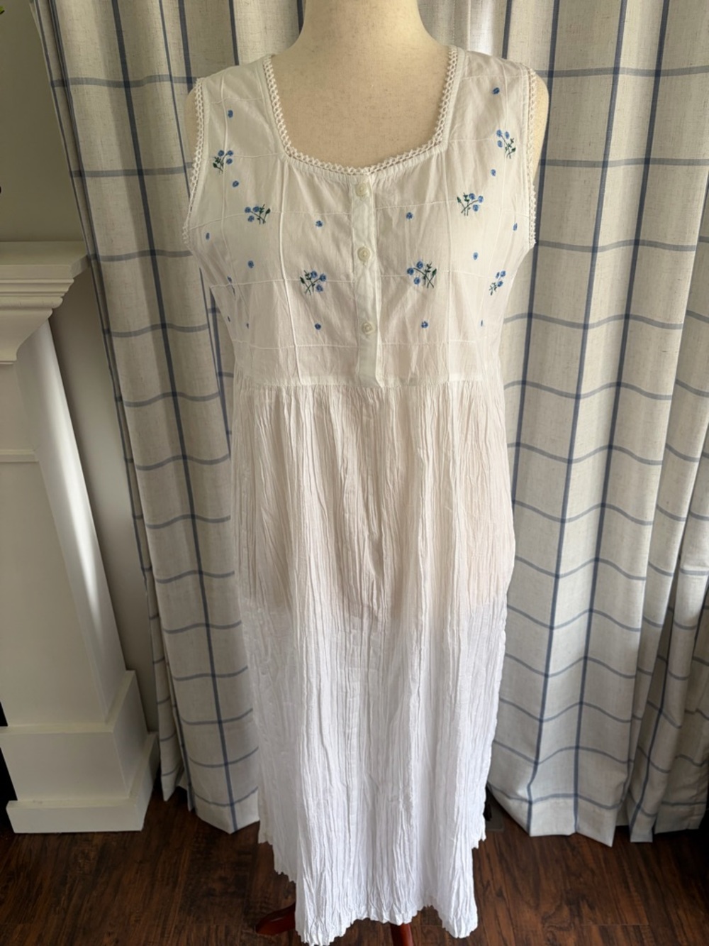 Cotton Dainty Blue Embroidered Florwers Empire Waist Midi Nightgown Dress